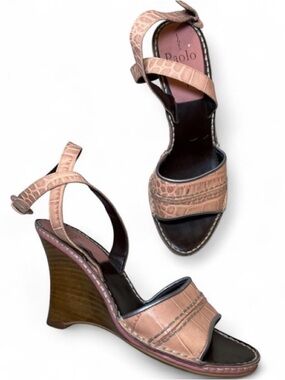 Linea Paolo Wedge Sandals Pink Croc Embossed Pink Leather Ankle Strap Boho 7.5
